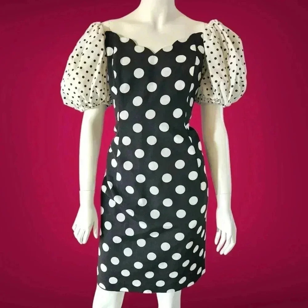 VINTAGE 80s Puff Sleeve Polka Dot Wiggle Dress M